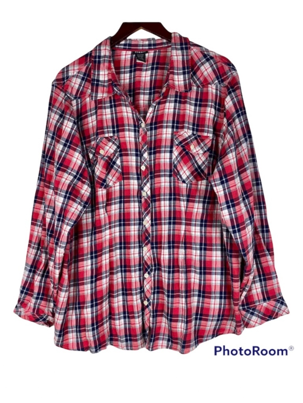 Torrid 4X 26 28 Button Down Plaid Camp Shirt Top Tunic Red White Blue Chic! - Picture 2 of 3
